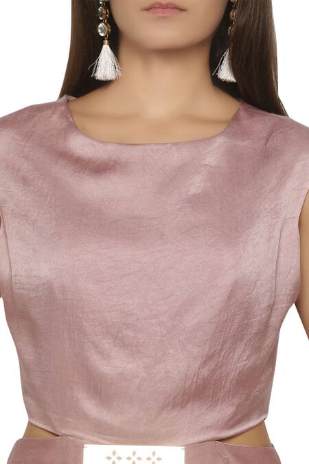 Buy_Soup By Sougat Paul_Pink Cotton Satin, Flat Chiffon Cape Band Collardress Round Draped Dress With _Online_at_Aza_Fashions