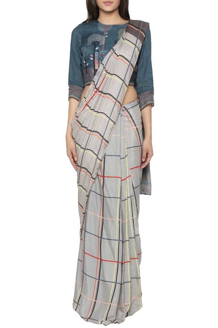 So Us By Sougatpaul Blue Cotton Silk Round Pre-draped Checkered Saree With Blouse Online at Aza Fashions So Us By Sougatpaul_Blue Cotton Silk Round Pre-draped Checkered Saree With Blouse _Online_at_Aza_Fashions