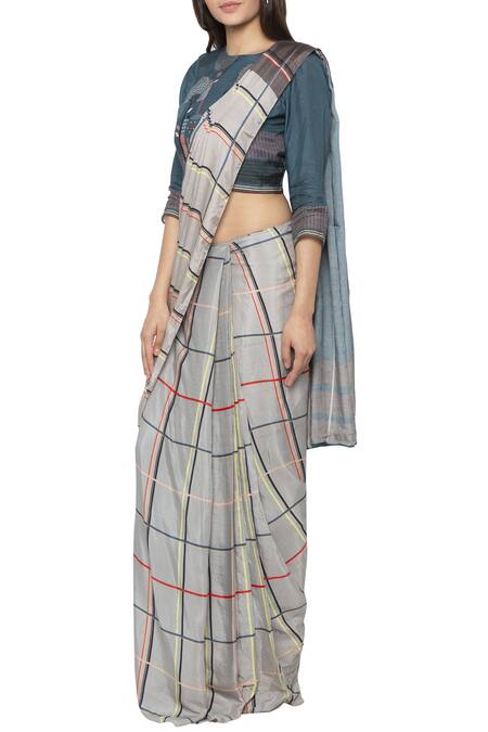Buy So Us By Sougatpaul Blue Cotton Silk Round Pre-draped Checkered Saree With Blouse Online at Aza Fashions Buy_So Us By Sougatpaul_Blue Cotton Silk Round Pre-draped Checkered Saree With Blouse _Online_at_Aza_Fashions