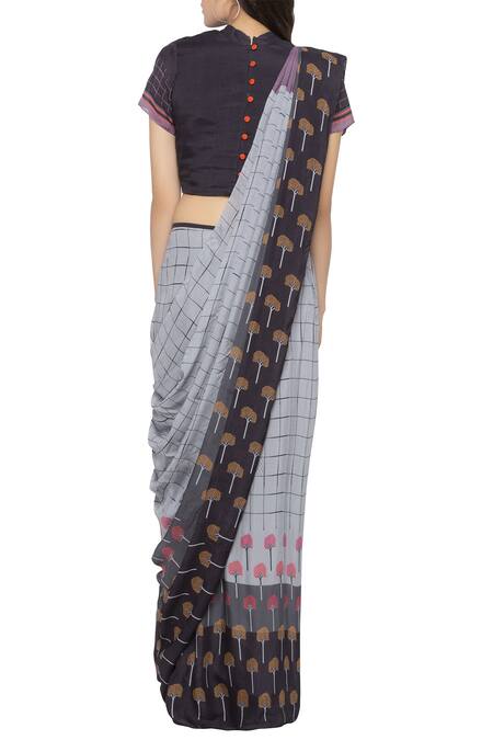 Shop_So US By Sougatpaul_Black Cotton Silk High Neck Printed Pre-draped Saree With Blouse  _at_Aza_Fashions