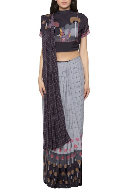So US By Sougatpaul_Black Cotton Silk High Neck Printed Pre-draped Saree With Blouse  _Online_at_Aza_Fashions