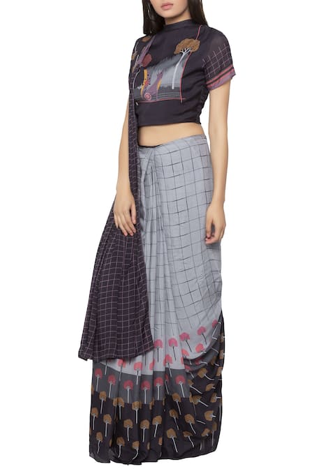 Buy_So US By Sougatpaul_Black Cotton Silk High Neck Printed Pre-draped Saree With Blouse  _Online_at_Aza_Fashions