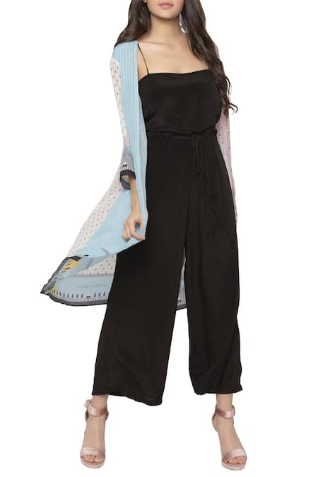 So Us By Sougatpaul Black Crepe, Cotton Silk Square Neck Jumpsuit With Printed Jacket Online at Aza Fashions So Us By Sougatpaul_Black Crepe, Cotton Silk Square Neck Jumpsuit With Printed Jacket _Online_at_Aza_Fashions