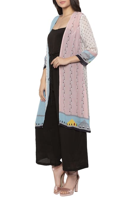 Shop So Us By Sougatpaul Black Crepe, Cotton Silk Square Neck Jumpsuit With Printed Jacket Online at Aza Fashions Shop_So Us By Sougatpaul_Black Crepe, Cotton Silk Square Neck Jumpsuit With Printed Jacket _Online_at_Aza_Fashions