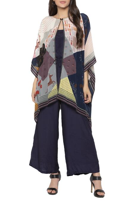Buy So Us By Sougatpaul Blue Crepe, Cotton Silk Round Jumpsuit With Printed Cape Online at Aza Fashions Buy_So Us By Sougatpaul_Blue Crepe, Cotton Silk Round Jumpsuit With Printed Cape _Online_at_Aza_Fashions