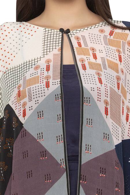 Shop So Us By Sougatpaul Blue Crepe, Cotton Silk Round Jumpsuit With Printed Cape Online at Aza Fashions Shop_So Us By Sougatpaul_Blue Crepe, Cotton Silk Round Jumpsuit With Printed Cape _Online_at_Aza_Fashions