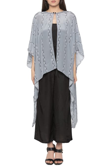 So Us By Sougatpaul Black Crepe, Cotton Silk Round Jumpsuit With Printed Cape Online at Aza Fashions So Us By Sougatpaul_Black Crepe, Cotton Silk Round Jumpsuit With Printed Cape _Online_at_Aza_Fashions