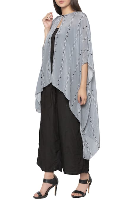 Buy So Us By Sougatpaul Black Crepe, Cotton Silk Round Jumpsuit With Printed Cape Online at Aza Fashions Buy_So Us By Sougatpaul_Black Crepe, Cotton Silk Round Jumpsuit With Printed Cape _Online_at_Aza_Fashions