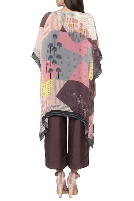 Shop So Us By Sougatpaul Brown Crepe, Cotton Silk Round Jumpsuit With Printed Cape at Aza Fashions Shop_So Us By Sougatpaul_Brown Crepe, Cotton Silk Round Jumpsuit With Printed Cape _at_Aza_Fashions