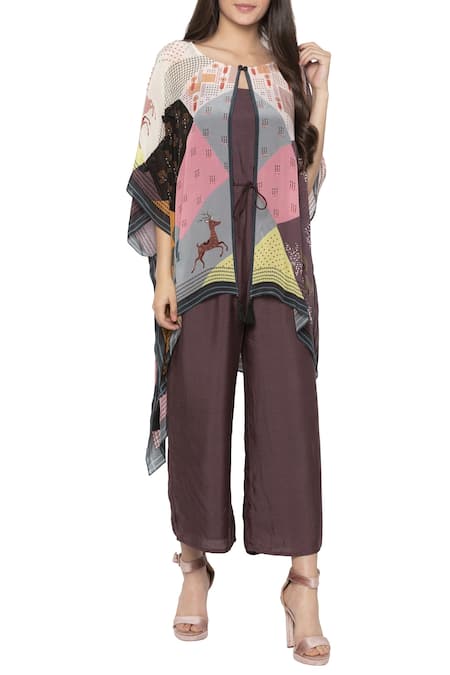 So Us By Sougatpaul Brown Crepe, Cotton Silk Round Jumpsuit With Printed Cape Online at Aza Fashions So Us By Sougatpaul_Brown Crepe, Cotton Silk Round Jumpsuit With Printed Cape _Online_at_Aza_Fashions