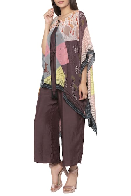 Buy So Us By Sougatpaul Brown Crepe, Cotton Silk Round Jumpsuit With Printed Cape Online at Aza Fashions Buy_So Us By Sougatpaul_Brown Crepe, Cotton Silk Round Jumpsuit With Printed Cape _Online_at_Aza_Fashions