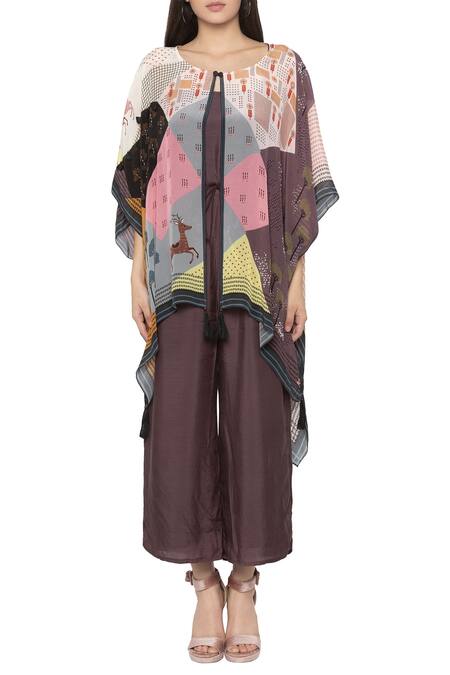 Shop So Us By Sougatpaul Brown Crepe, Cotton Silk Round Jumpsuit With Printed Cape Online at Aza Fashions Shop_So Us By Sougatpaul_Brown Crepe, Cotton Silk Round Jumpsuit With Printed Cape _Online_at_Aza_Fashions