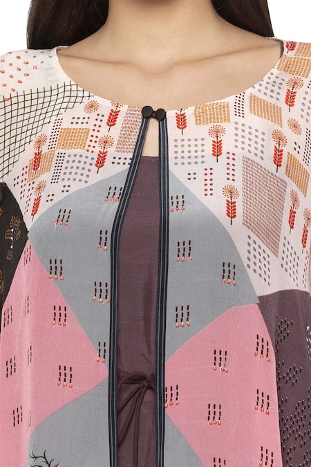 So Us By Sougatpaul Brown Crepe, Cotton Silk Round Jumpsuit With Printed Cape at Aza Fashions So Us By Sougatpaul_Brown Crepe, Cotton Silk Round Jumpsuit With Printed Cape _at_Aza_Fashions