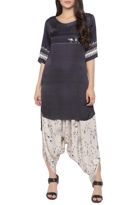 SO US by Sougatpaul Grey Modal Satin Round Printed Kurta And Dhoti Pant Set 