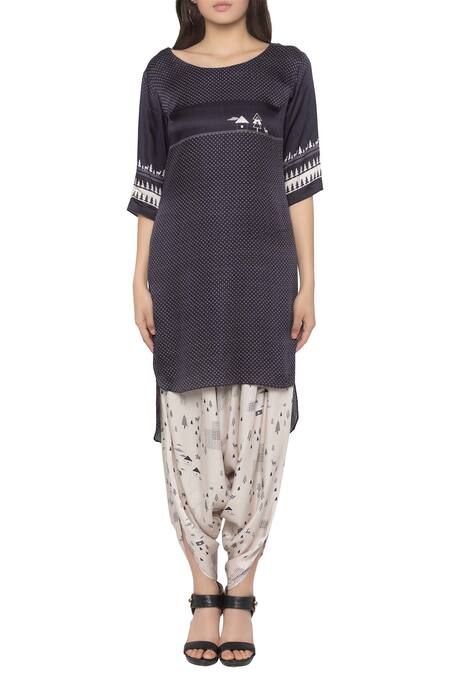 So Us By Sougatpaul Grey Modal Satin Round Printed Kurta And Dhoti Pant Set Online at Aza Fashions So Us By Sougatpaul_Grey Modal Satin Round Printed Kurta And Dhoti Pant Set _Online_at_Aza_Fashions