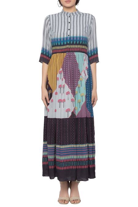 So Us By Sougatpaul Multi Color Cotton Band Collar Printed Maxi Dress Online at Aza Fashions So Us By Sougatpaul_Multi Color Cotton Band Collar Printed Maxi Dress _Online_at_Aza_Fashions