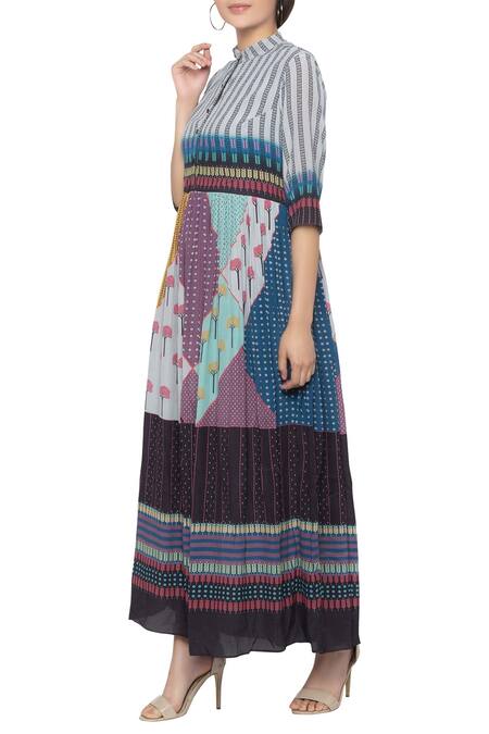 Buy So Us By Sougatpaul Multi Color Cotton Band Collar Printed Maxi Dress Online at Aza Fashions Buy_So Us By Sougatpaul_Multi Color Cotton Band Collar Printed Maxi Dress _Online_at_Aza_Fashions