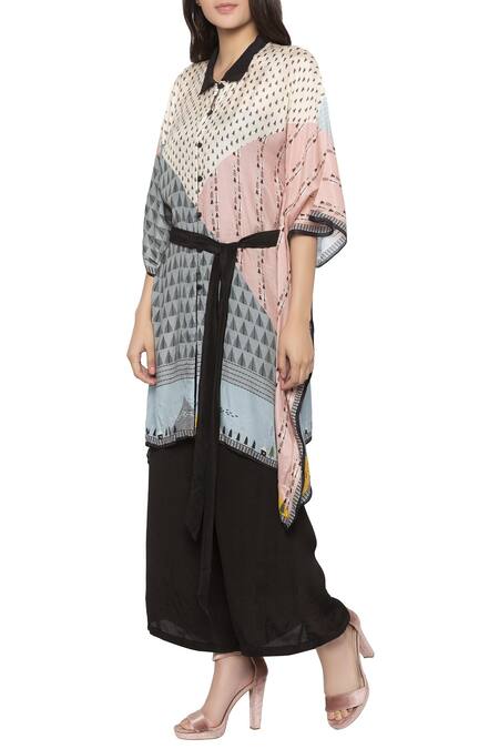 So Us By Sougatpaul_Multi Color Crepe Shirt Collar Printed Tunic _Online_at_Aza_Fashions