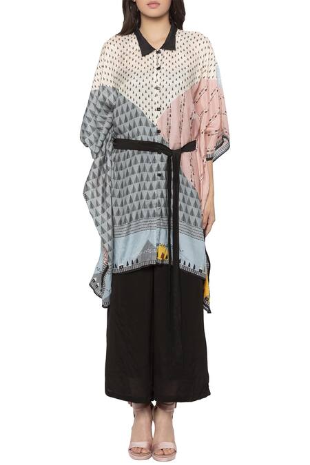 Buy_So Us By Sougatpaul_Multi Color Crepe Shirt Collar Printed Tunic _Online_at_Aza_Fashions