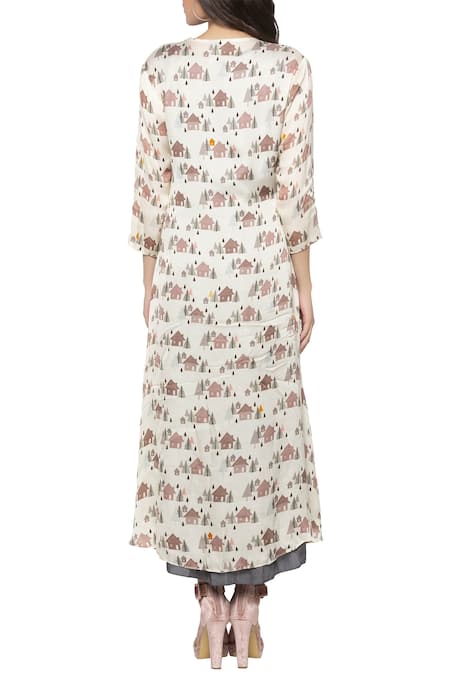 Shop So Us By Sougatpaul Grey Modal Satin Round Dress With Printed Jacket at Aza Fashions Shop_So Us By Sougatpaul_Grey Modal Satin Round Dress With Printed Jacket _at_Aza_Fashions