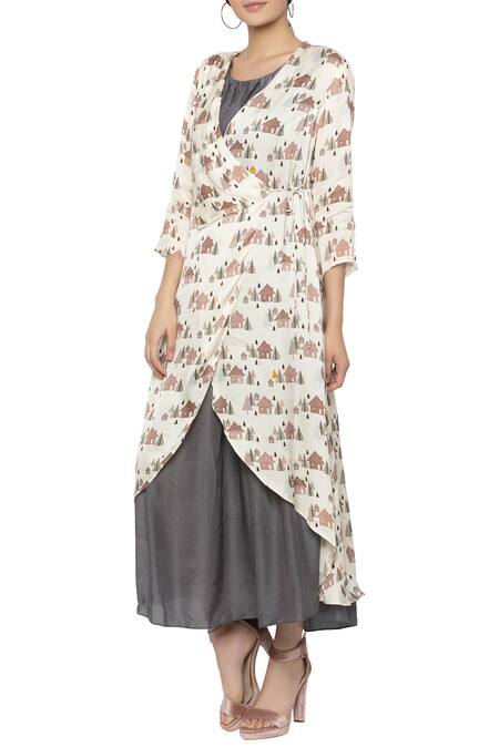 So Us By Sougatpaul Grey Modal Satin Round Dress With Printed Jacket Online at Aza Fashions So Us By Sougatpaul_Grey Modal Satin Round Dress With Printed Jacket _Online_at_Aza_Fashions