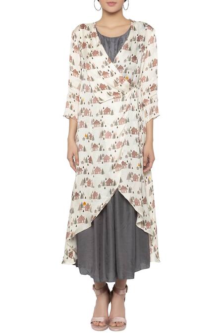 Buy So Us By Sougatpaul Grey Modal Satin Round Dress With Printed Jacket Online at Aza Fashions Buy_So Us By Sougatpaul_Grey Modal Satin Round Dress With Printed Jacket _Online_at_Aza_Fashions