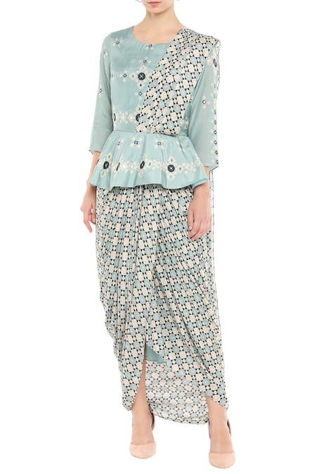 Soup By Sougat Paul_Blue Chanderi Round Pre-draped Peplum Style Saree _Online_at_Aza_Fashions