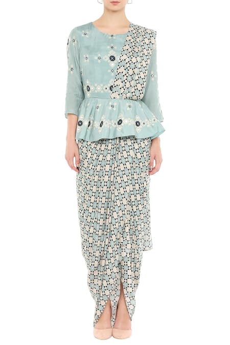 Buy_Soup By Sougat Paul_Blue Chanderi Round Pre-draped Peplum Style Saree _Online_at_Aza_Fashions