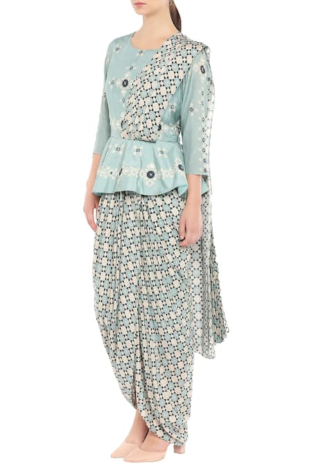 Shop_Soup By Sougat Paul_Blue Chanderi Round Pre-draped Peplum Style Saree _Online_at_Aza_Fashions