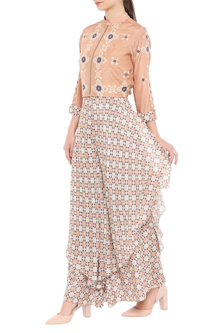 Soup By Sougat Paul_Peach Cotton Jumpsuit Roundjacket Mandarin Collar Printed With Jacket _Online_at_Aza_Fashions