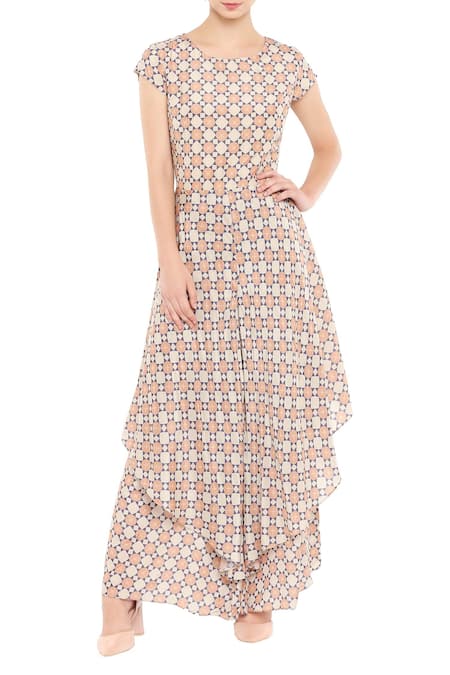 Buy_Soup By Sougat Paul_Peach Cotton Jumpsuit Roundjacket Mandarin Collar Printed With Jacket _Online_at_Aza_Fashions