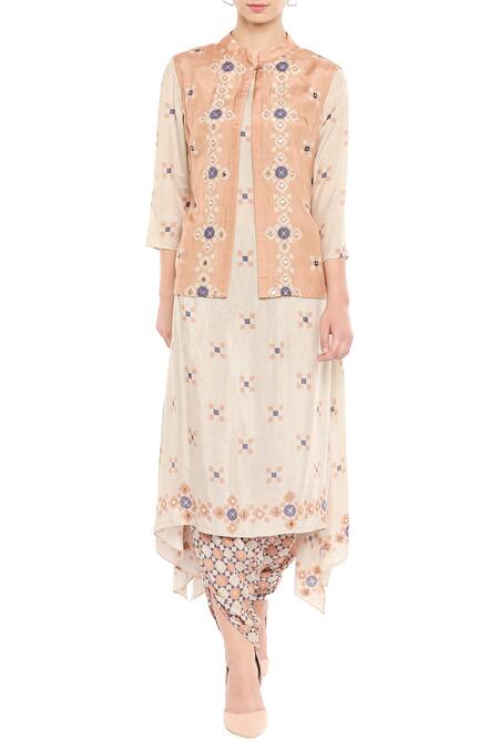 Soup By Sougat Paul Beige Cotton Kurta Roundjacket Mandarin Collar And Dhoti Pant Set With Jacket Online at Aza Fashions Soup By Sougat Paul_Beige Cotton Kurta Roundjacket Mandarin Collar And Dhoti Pant Set With Jacket _Online_at_Aza_Fashions
