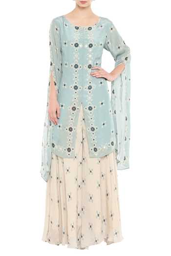 Soup By Sougat Paul_Blue Crepe Round Printed Kurta And Gharara Set _Online_at_Aza_Fashions