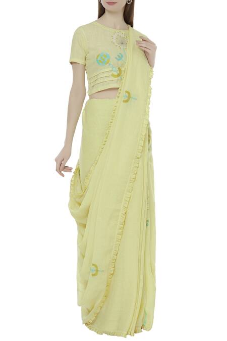 Shagun Manchanda Yellow Linen Embroidered Saree Online at Aza Fashions Shagun Manchanda_Yellow Linen Embroidered Saree _Online_at_Aza_Fashions