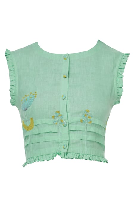 Shop Shagun Manchanda Green Linen Round Embroidered Blouse at Aza Fashions Shop_Shagun Manchanda_Green Linen Round Embroidered Blouse _at_Aza_Fashions