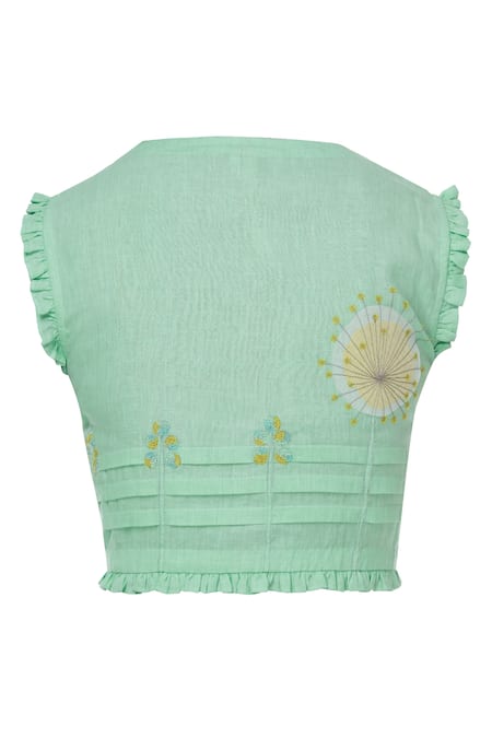 Shagun Manchanda Green Linen Round Embroidered Blouse Online at Aza Fashions Shagun Manchanda_Green Linen Round Embroidered Blouse _Online_at_Aza_Fashions