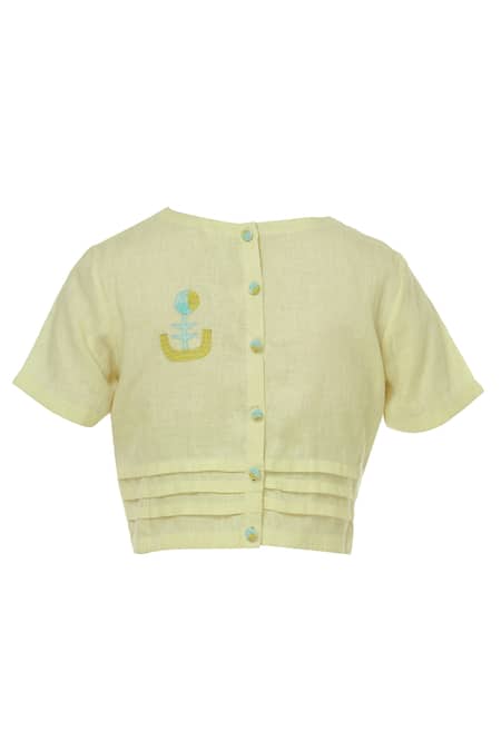 Shagun Manchanda_Yellow Linen Round Embroidered Blouse _Online_at_Aza_Fashions
