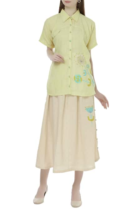 Shagun Manchanda Yellow Linen Spread Collar Embroidered Shirt  