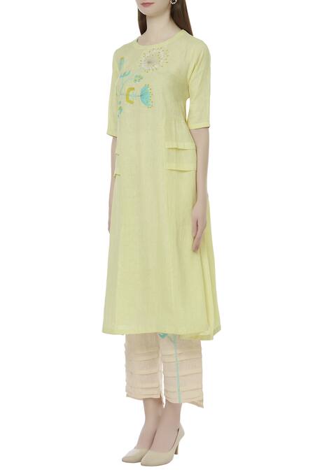 Buy_Shagun Manchanda_Yellow Linen Round Embroidered Tunic  _Online_at_Aza_Fashions