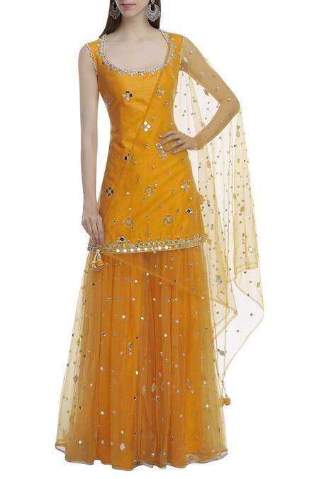 Preeti S Kapoor_Orange Net, Dupion Round Embellished Kurta Sharara Set_Online_at_Aza_Fashions