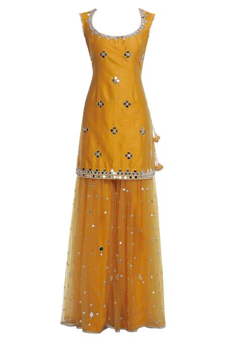 Buy_Preeti S Kapoor_Orange Net, Dupion Round Embellished Kurta Sharara Set_Online_at_Aza_Fashions