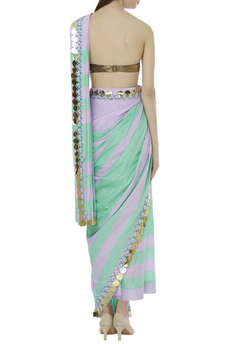 Shop_Nitya Bajaj_Purple Cotton Embroidered Pant Saree Set_at_Aza_Fashions