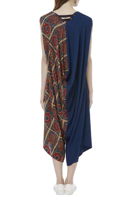 Shop_Fahd Khatri_Blue Organic Bamboo V Neck Ajrakh Print Jumpsuit  _at_Aza_Fashions