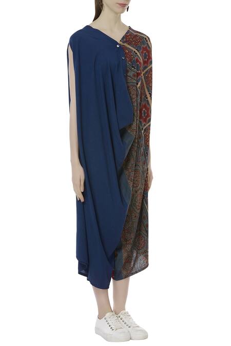 Fahd Khatri_Blue Organic Bamboo V Neck Ajrakh Print Jumpsuit  _Online_at_Aza_Fashions