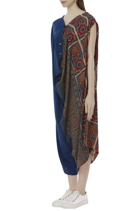 Buy_Fahd Khatri_Blue Organic Bamboo V Neck Ajrakh Print Jumpsuit  _Online_at_Aza_Fashions