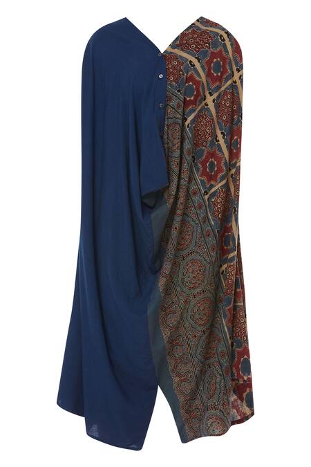 Shop_Fahd Khatri_Blue Organic Bamboo V Neck Ajrakh Print Jumpsuit  _Online_at_Aza_Fashions
