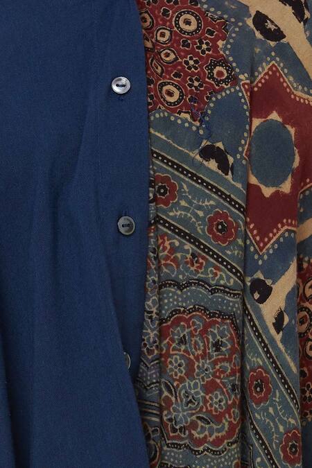 Fahd Khatri_Blue Organic Bamboo V Neck Ajrakh Print Jumpsuit  _at_Aza_Fashions