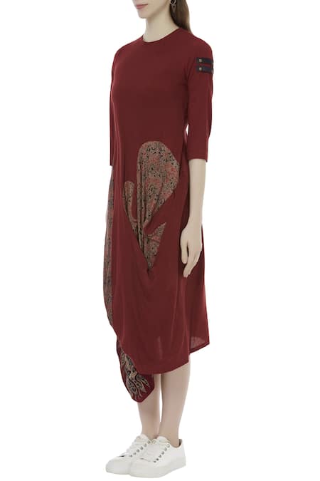 Buy_Fahd Khatri_Maroon Cotton, Organic Bamboo Round Handwoven Ajrakh Print Tunic_Online_at_Aza_Fashions