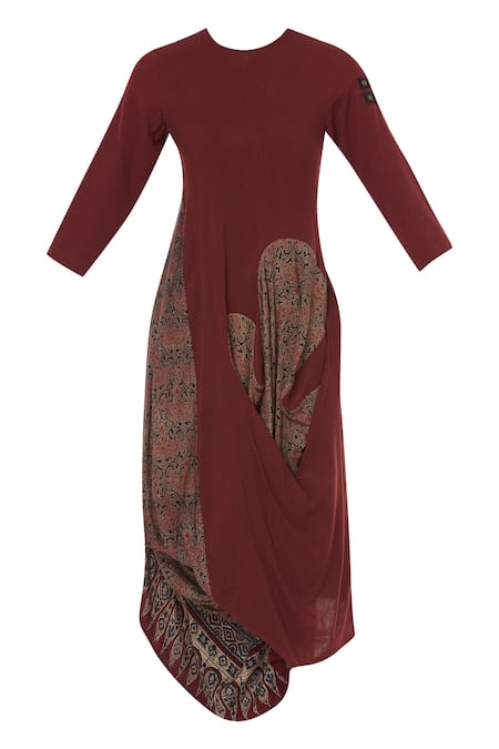 Shop_Fahd Khatri_Maroon Cotton, Organic Bamboo Round Handwoven Ajrakh Print Tunic_Online_at_Aza_Fashions