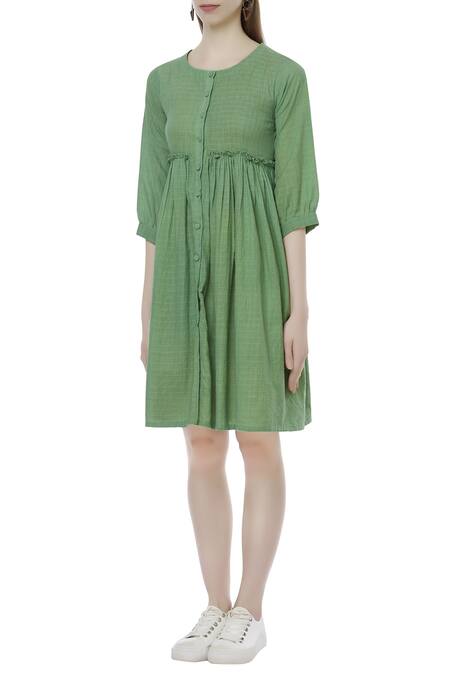Sagaa By Vanita_Green Cotton Muslin Round Neck Shirt Dress With Inner_Online_at_Aza_Fashions